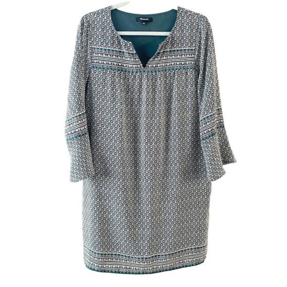 Madewell Green Printed Starland V Neck Bell Sleeve Shift Silk Dress w Pockets M